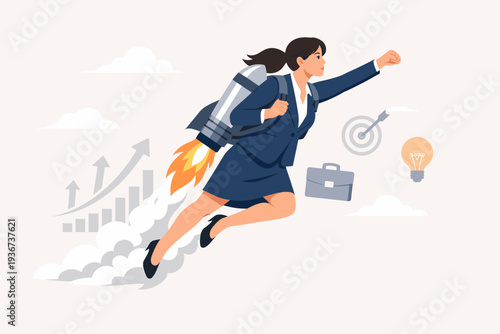 Empowered Businesswoman Flying with Rocket Jetpack for Rapid Career Growth and Success. Female Leader Accelerating Professional Progress with Innovation, Ambition, and Speed. Vector Illustration.