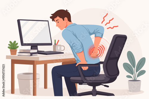 Man suffering from office syndrome and lower back pain while sitting at a computer desk, experiencing muscle ache and inflammation due to poor posture and long working hours in a corporate office.