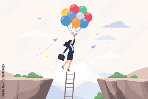 Businesswoman Flying with Colorful Balloons Over a Cliff Gap, Concept of Female Leadership, Career Growth, Overcoming Obstacles, Success, Freedom, and New Opportunities in Business Illustration.