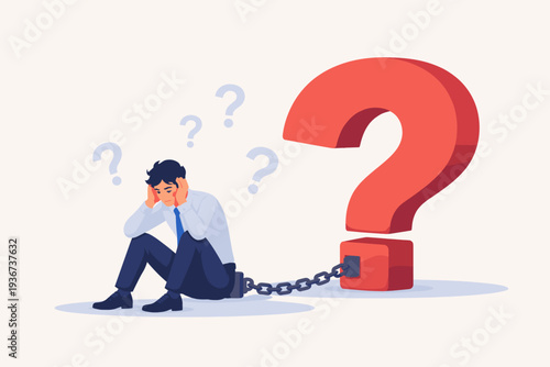 Businessman sitting in despair chained to a giant red question mark, symbolizing struggle with unanswered questions, complex problems, difficult decisions, and mental stress in the workplace.