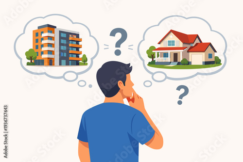 Man Thinking About Choosing Between Renting an Apartment or Buying a House, Real Estate Decision Concept with Modern Flat and Suburban Home Illustration, Property Investment and Lifestyle Choice.