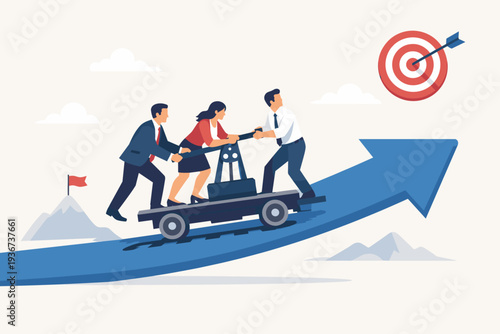 Business teamwork and collaboration concept with professional team working together on a handcar moving up a rising arrow track towards a target goal for success, growth, and achievement.