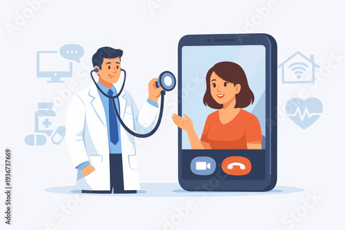 Telehealth and telemedicine service technology concept with a male doctor using a stethoscope to diagnose a female patient via a smartphone video call for online medical consultation and care.