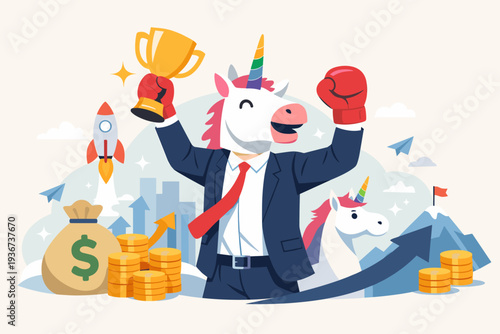 Business Success Concept with Unicorn Startup Leader Holding Trophy and Boxing Gloves, Representing Billion Dollar Company Growth, Venture Capital Funding, Financial Achievement, and Winning.