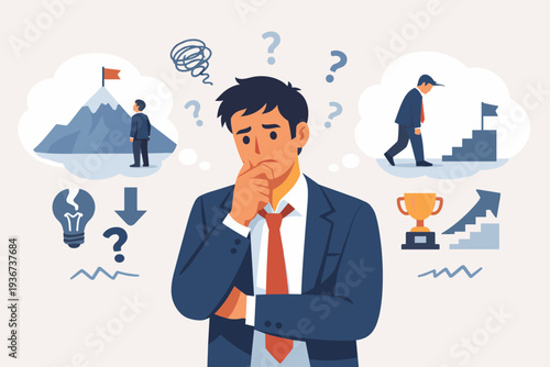 Businessman suffering from imposter syndrome and self-doubt, feeling incompetent and confused about career goals, lack of confidence in making decisions, professional anxiety and mental health.