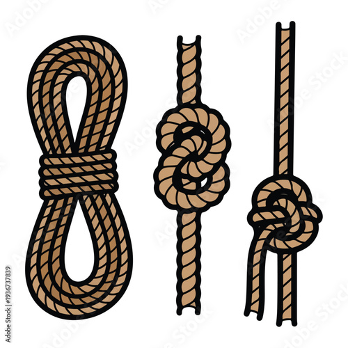 Illustration of various nautical knots tied with rope, showcasing sailing techniques from a close-up viewpoint