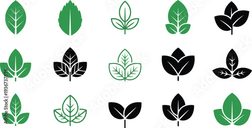 Grid of sixteen stylized leaf icons in varied shapes, colors, and vein patterns, symbolizing nature, environment, botany, sustainability, and eco‑friendly design concepts.