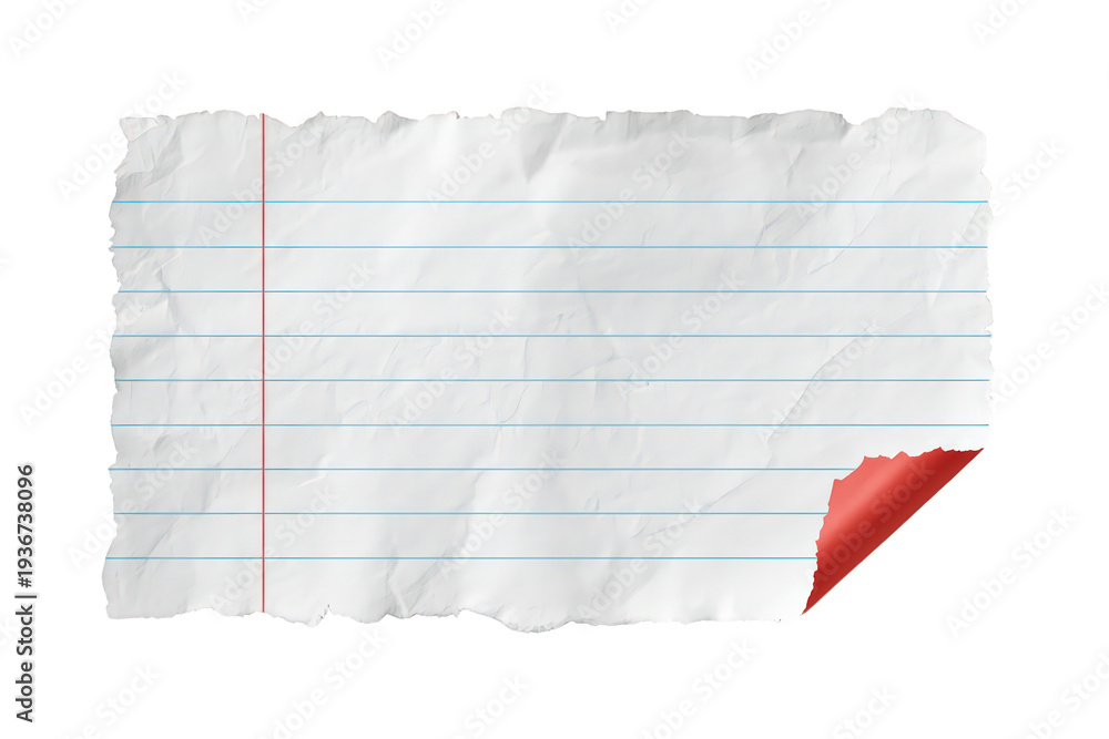 Fototapeta premium Torn notebook paper with blue lines and red margin, wrinkled paper texture with a curled corner and transparent background