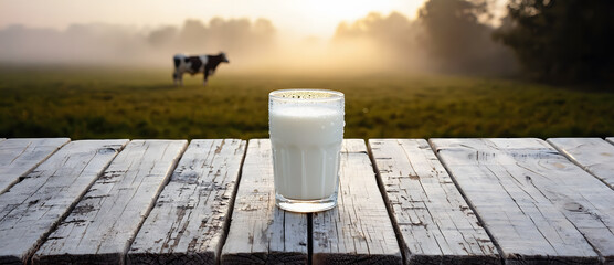Glass of fresh milk on weathered wooden table, photograph style, with foggy field and cow in background, concept of natural dairy farming