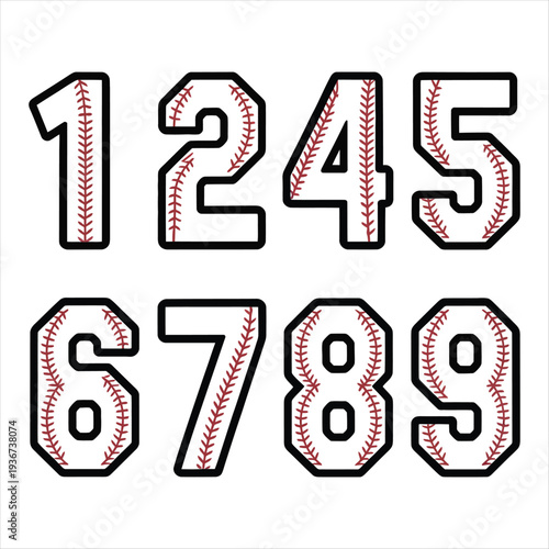Baseball Numbers One to Nine with Red Stitching three