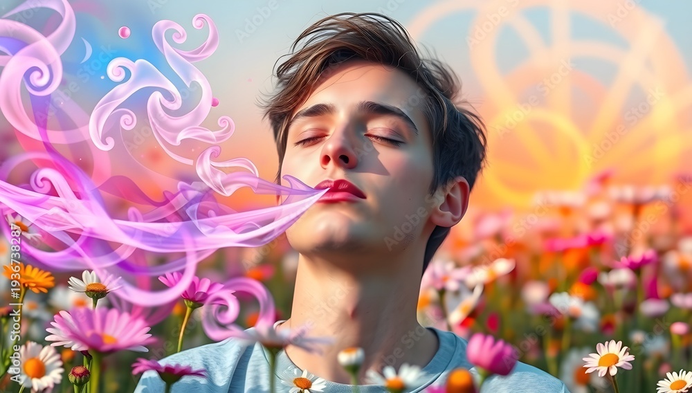 Fototapeta premium Surreal young man exhaling magical colorful swirls in a flower field fantasy dreamlike