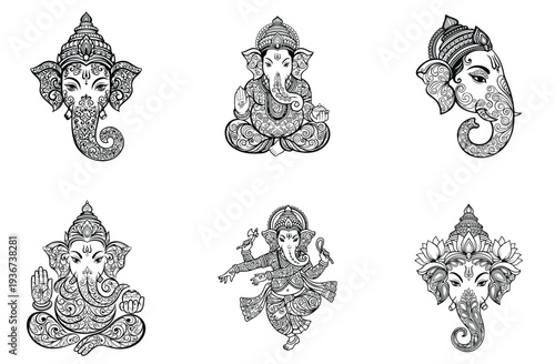 Ornamental Lord Ganesha Line Art Vector Set Indian Hindu God Decorative Illustration Collection