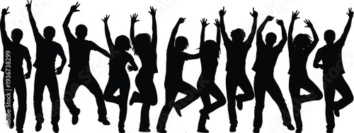 Group of people jumping silhouettes vector illustration showing celebration, happiness, success and freedom concept with excited crowd isolated in black design