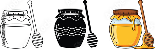 Honey jar and dipper illustrations in line art, silhouette, and full‑color styles, symbolizing food, sweetness, natural product, beekeeping, and organic design concepts.