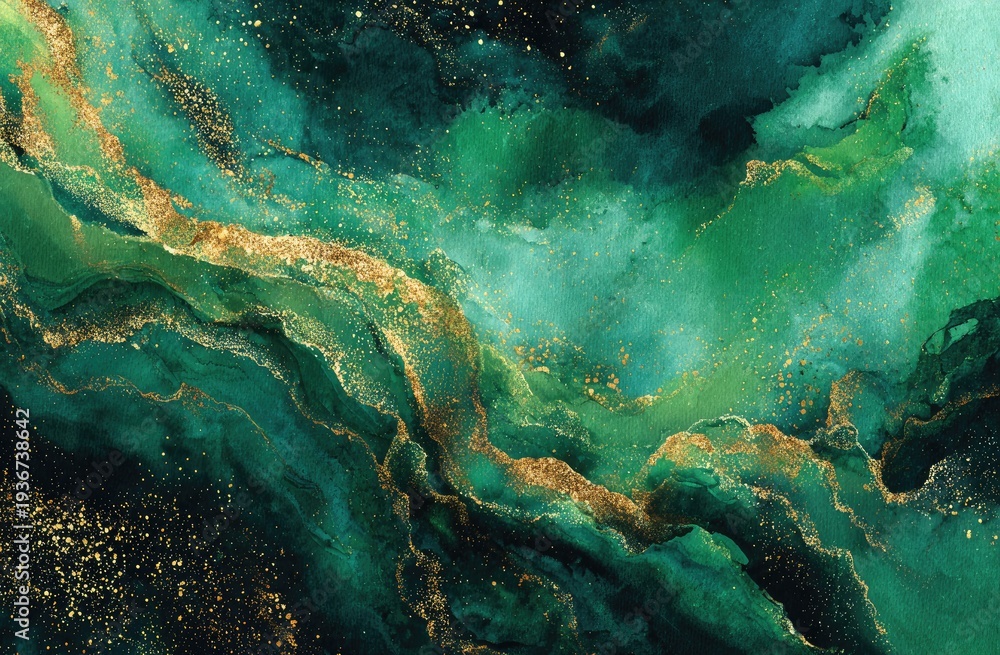 Fototapeta premium Flowing emerald and teal abstract with gold glitter accents
