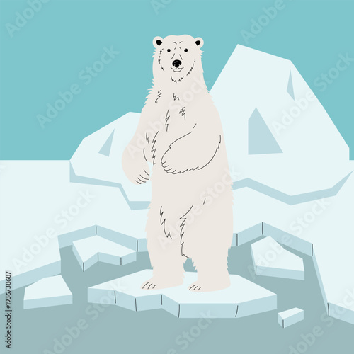 White polar bear standing on hind legs on ice floe in cold arctic ocean water. Flat illustration for global warming awareness banners, climate change posters, arctic nature graphics or winter icons