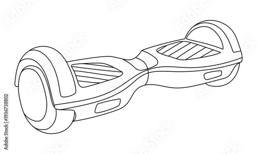 Modern electric hoverboard isolated on white background. Flat contour illustration for eco urban transport posters, personal vehicle banners, city movement graphics or modern technology icons