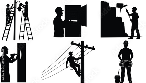 Construction worker silhouettes, ladder repair, electrical panel inspection, wall painting, drilling surface, utility pole climbing, tool belt handyman, skilled trades, industrial labor illustration