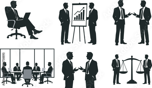 Business people meeting presentation discussion silhouette set, corporate teamwork office communication vector illustration collection