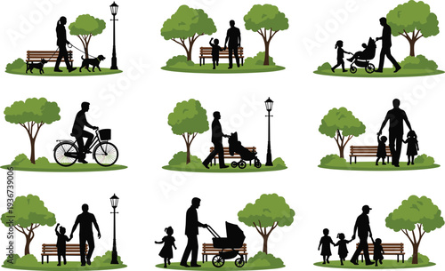 Family park silhouettes, walking dog, riding bicycle, pushing stroller, parents with children, leisure time, outdoor activities, benches, trees, lampposts, nature