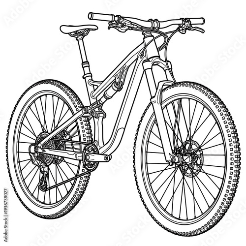 Detailed line drawing of a mountain bike