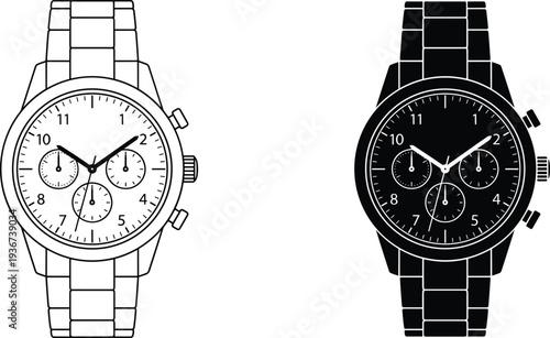 wristwatch icons set, classic analog watch with chronograph dial luxury timepiece illustration isolated design element