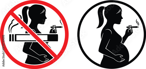 Pregnant woman smoking warning icon with prohibition sign and pregnancy health risk symbol vector illustration for maternal care, no smoking awareness concept