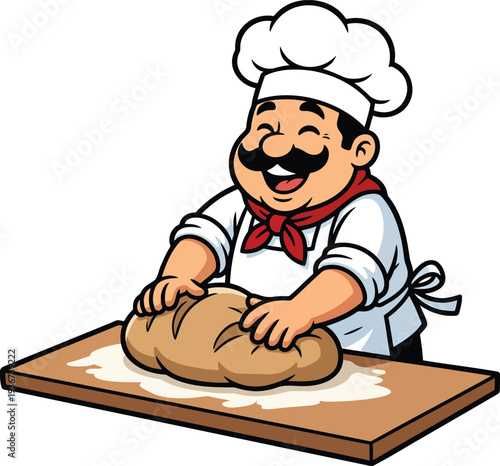 Cartoon chef kneading dough on table, professional baker cooking bread, flat vector kitchen illustration