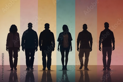 Multicultural unity concept, wide shot silhouettes, soft gradient background
