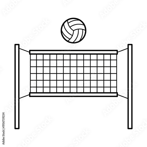 Black line illustration of volleyball net and ball