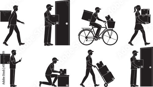 Delivery worker silhouettes set, courier carrying boxes bicycle delivery service logistics isolated black vector collection