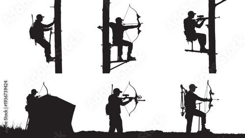 Hunter silhouettes collection, bow hunting rifle shooting deer stand isolated black vector set