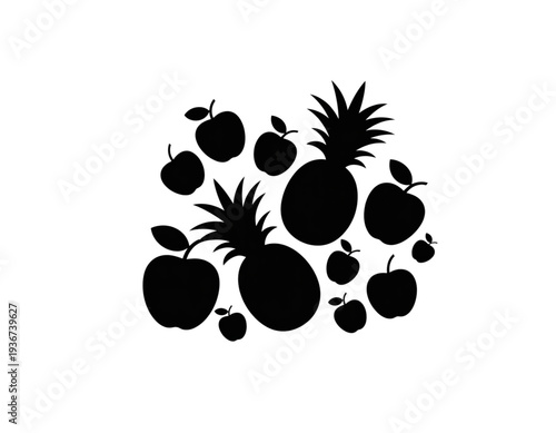 Whimsical black and white illustration of a playful cluster of pineapples and fruits. isolated on transparent background