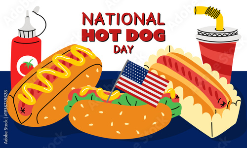 National hot dog day celebration banner with snacks and mini american flag isolated on white background. Flat illustration for street food festival posters, holiday menu and restaurant promotion icons