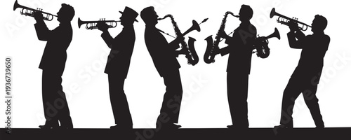 Jazz band musicians playing trumpet and saxophone silhouette set, live music performance orchestra vector illustration