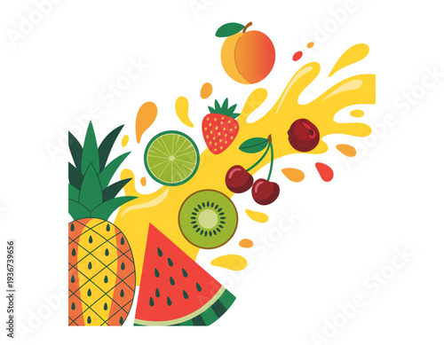 Vibrant tropical fruits celebration with a colorful bird and abstract design elements. isolated on transparent background