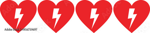 Red hearts with white lightning bolt symbols, representing energy, passion, urgency, love, health, power, strength, vitality, and emotional intensity concepts.