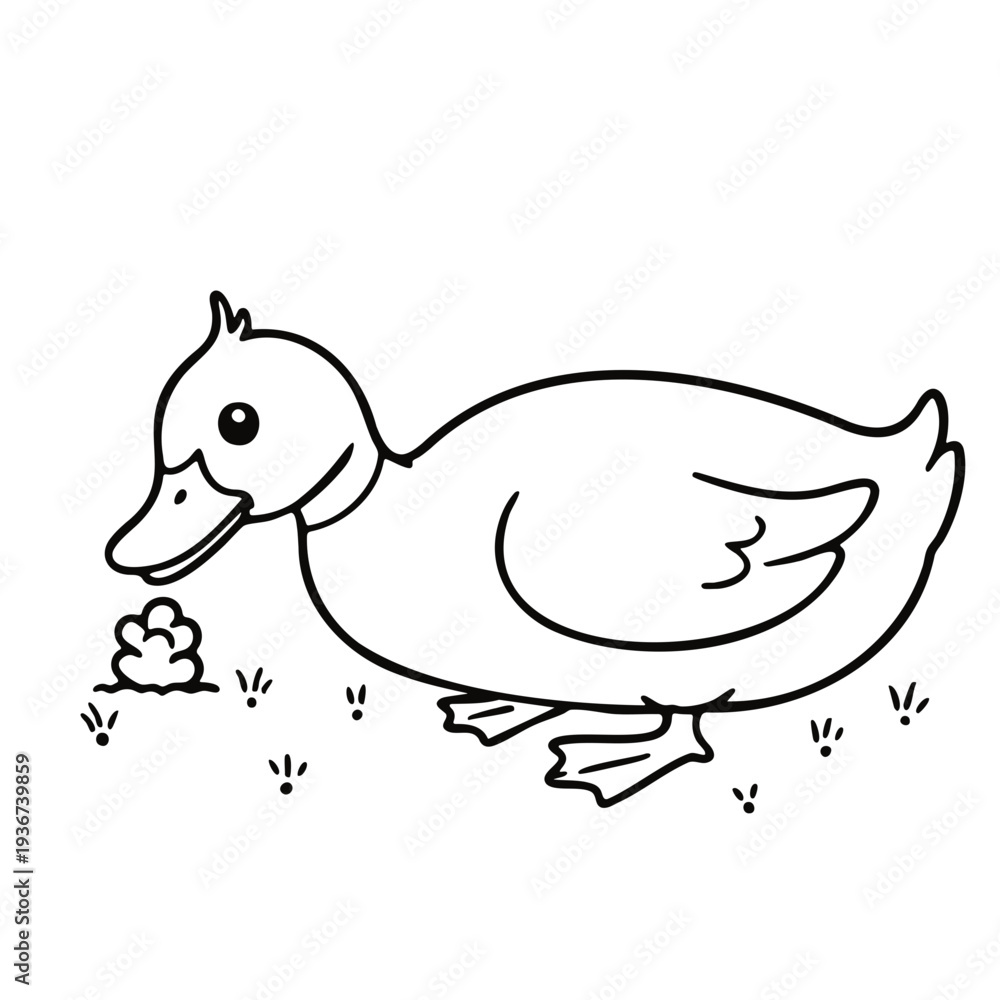 Fototapeta premium A cute duckling walking in the grass with a pile of poop beside it