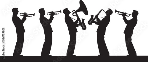 Jazz musician silhouettes set, trumpet saxophone tuba players band performance isolated black vector collection