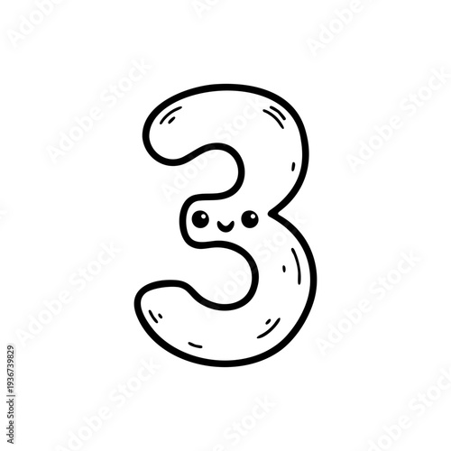 A cute cartoon number three with a smiling face in a simple line art style