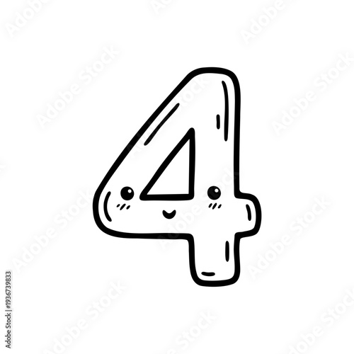 A cute cartoon number four with a smiling face in a simple line art style