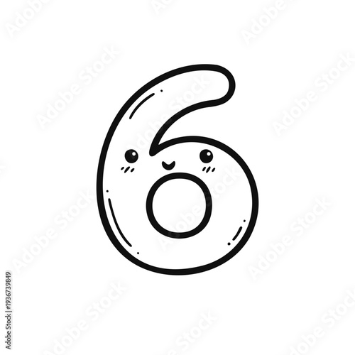 A cute cartoon number six with a smiling face and rosy cheeks in a simple line art style