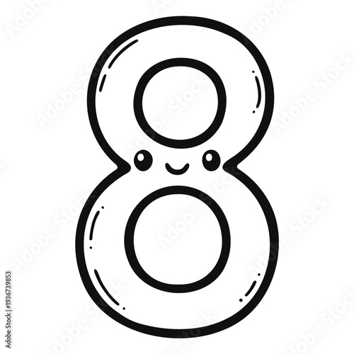A cute cartoon number eight with a smiling face in a minimalist line art style