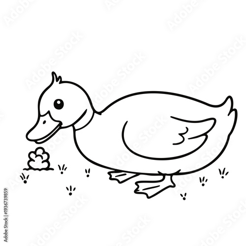 A cute duckling walking in the grass with a pile of poop beside it