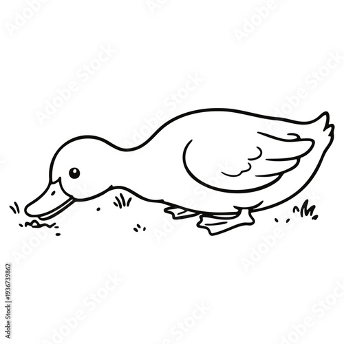 A simple black and white vector illustration of a duck foraging on the ground