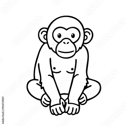 A cute monkey sitting in a relaxed pose, illustrated in a simple black and white line art style.