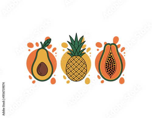 Colorful tropical fruits illustration with decorative elements in vibrant colors isolated on transparent background
