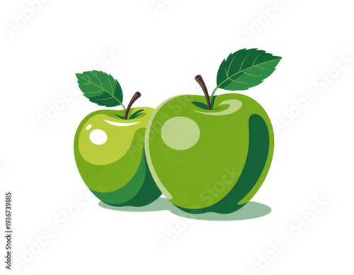 Fresh green apples displayed next to each other with leaves isolated on transparent background