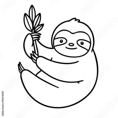 A cute cartoon sloth hanging from a leafy branch in a minimalist line art style