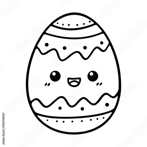 A cute cartoon Easter egg with a smiling face and decorative patterns on a white background